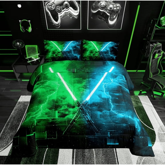Erosebridal Teens Lightning Bedding Sets Twin with Comforter, Square Geometry Duvet Insert, Blue Green, Lightweight 2 Pieces