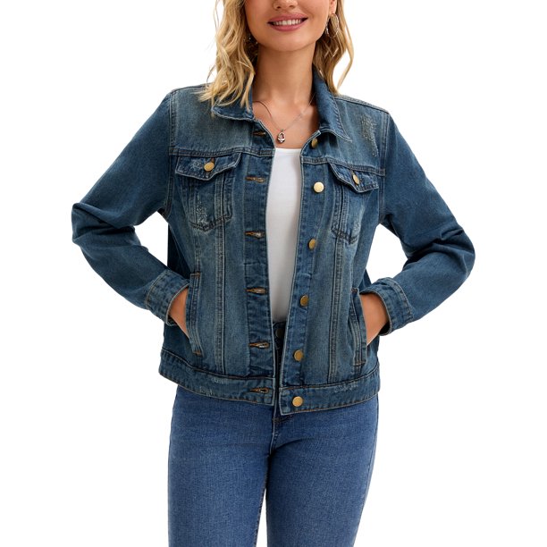 CHAQUETA DE JEAN PARA MUJER INSPIRE CHIC, CON CUELLO CAÍDO, MANGAS LARGAS, LAVADA, CON BOTONES, CASUAL, DENIM, TAMAÑO L, AZUL