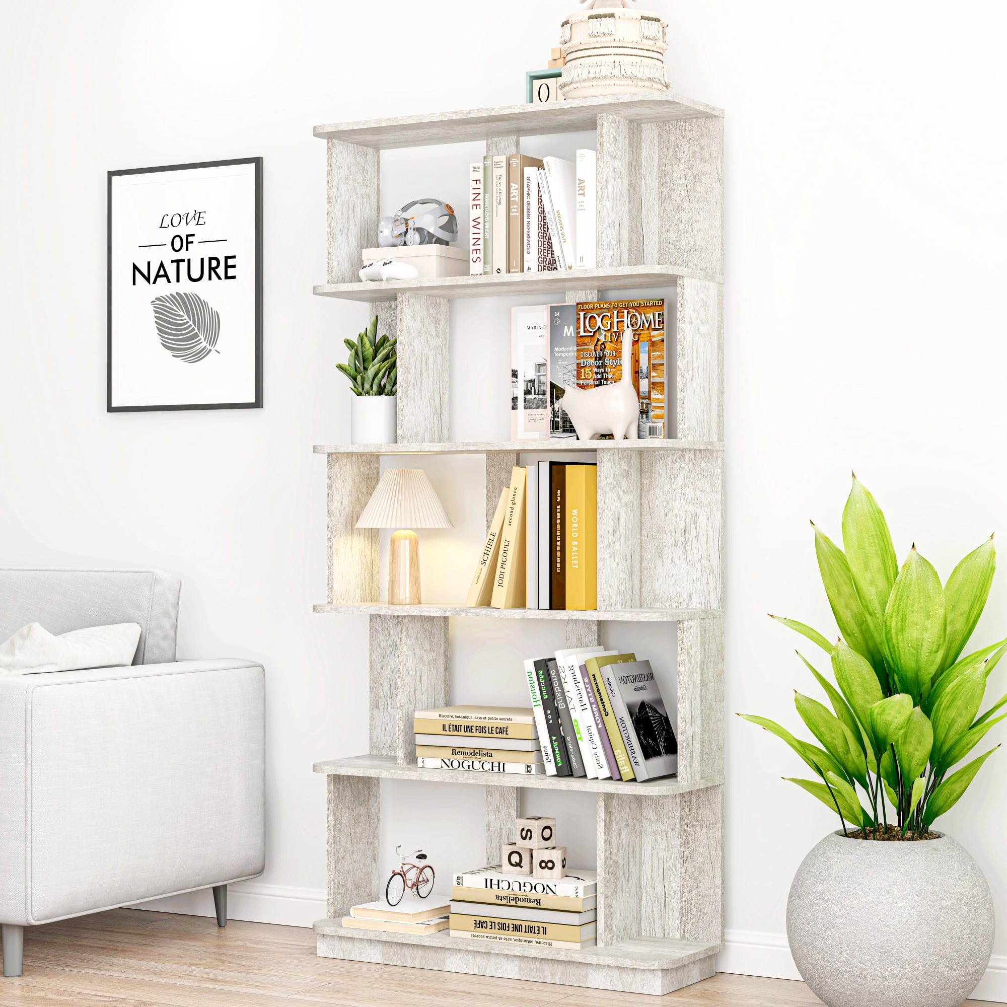 Leumius 5 Tier Open Storage Bookcase,Free Combination Bookshelf,Wood Display Shelving for Living Room Home Office Bedroom Decor Organizer,31.5" L x 64.56" H,Light Gray