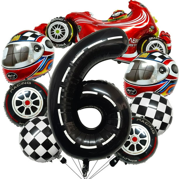 Kit de globos con temática de carreras para cumpleaños número 6, 8 unidades, con lámina para coche y