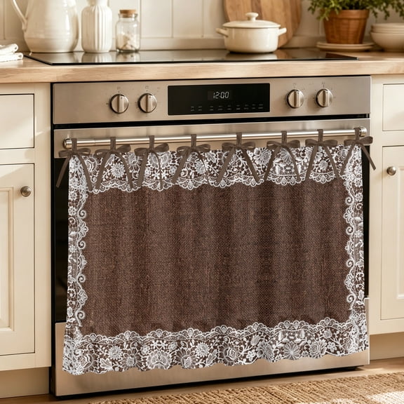 Oven Skirt Curtain for Kitchen 20x27 Inch, Brown Shabby Chic Oven Curtain with 8 Ribbon Ties & Ruffle Trim, Stove Skirt Curtain Dishwasher for Cabinets Over Sinks Lace Border Romantic Aesthetic