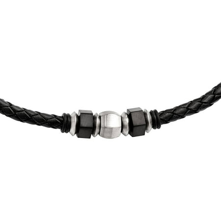 Primal Steel Stainless Steel Brushed Leather Black IP-Plated and Rubber Necklace, 19