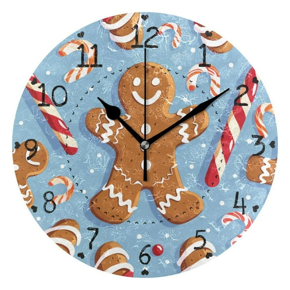 Gingerbread Man Candy Canes Cartoon Christmas Round Wall Clock Silent Analog Battery Operated Black Pointer Home Decor 9.84" Diameter