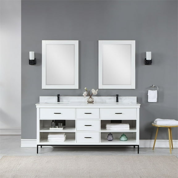 Kesia 72" Double Bathroom Vanity Set in White with Aosta White Composite Stone Countertop with Mirror