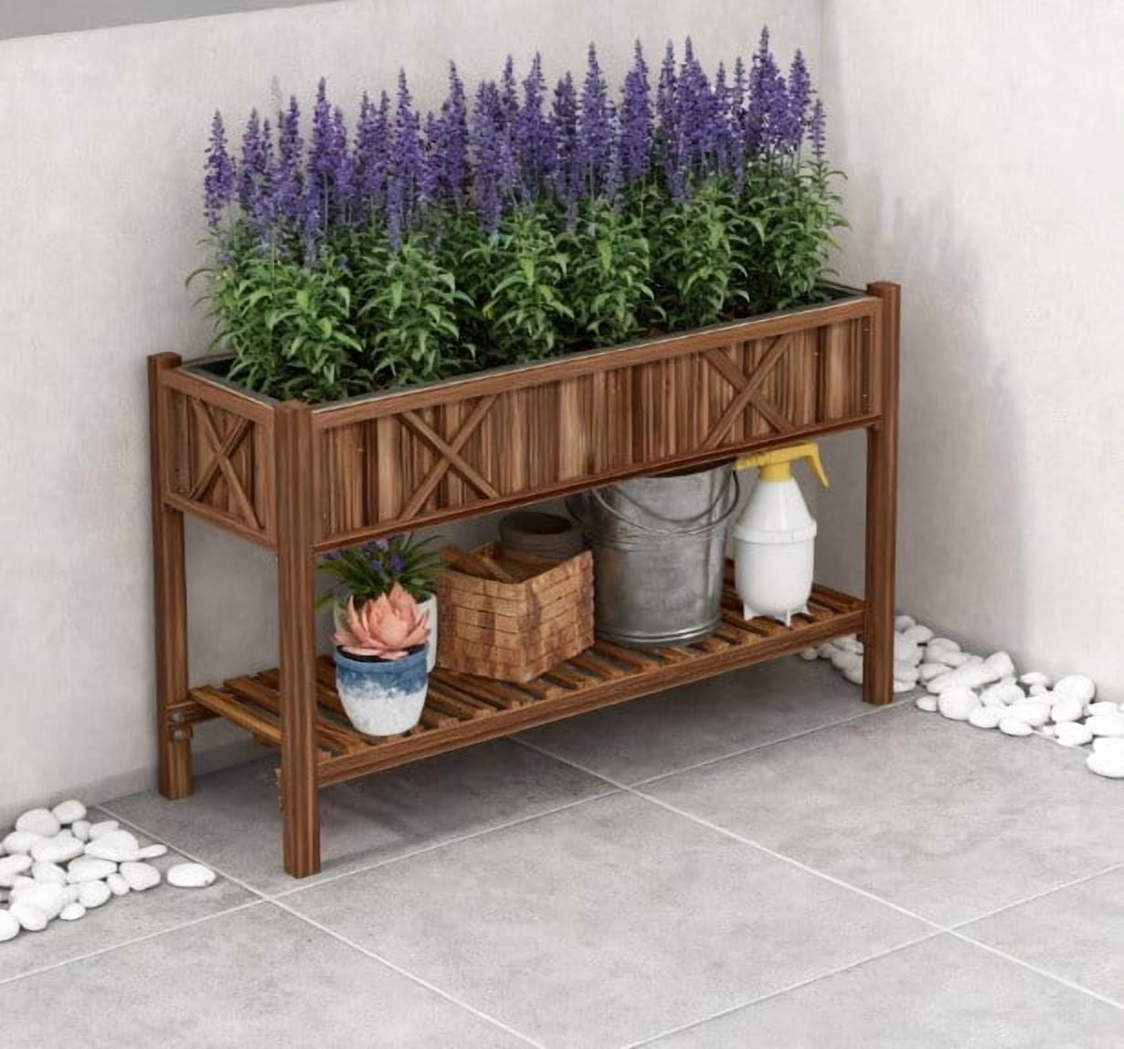 Dual-Tier Raised Garden Bed, Elevated Wood Planter Box with Storage Shelf, Drainage Holes and Liner