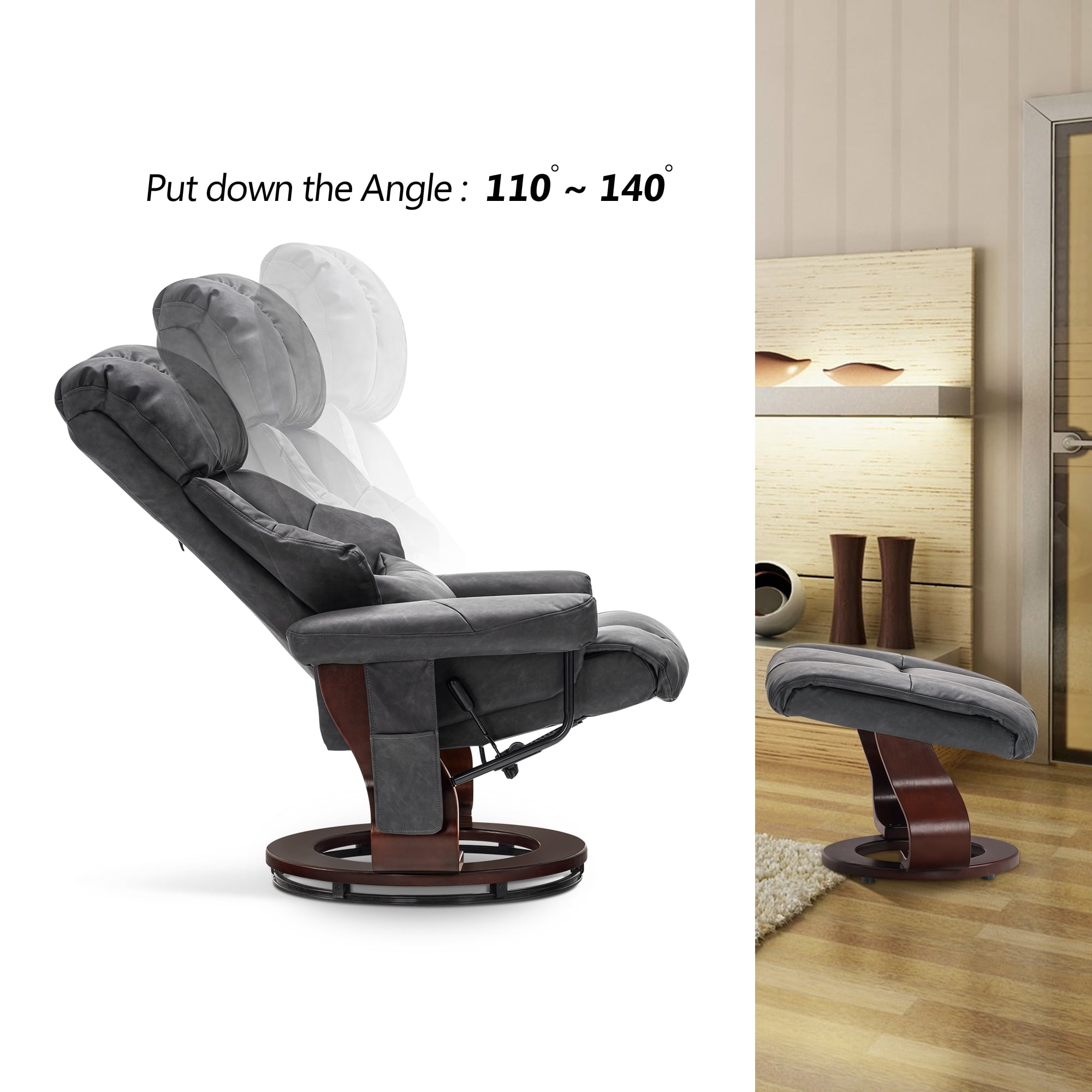 MCombo 360° Swivel Recliner with Ottoman, Lumbar Pillow, Vibration Massage Reclining Chair, Faux Leather(Dark Grey)
