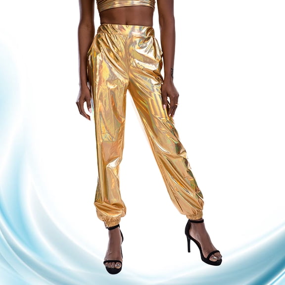 FRCOLOR 1Pcs Casual Sparkly Pants Women Golden PU Breathable Trousers for Women Bar Wear