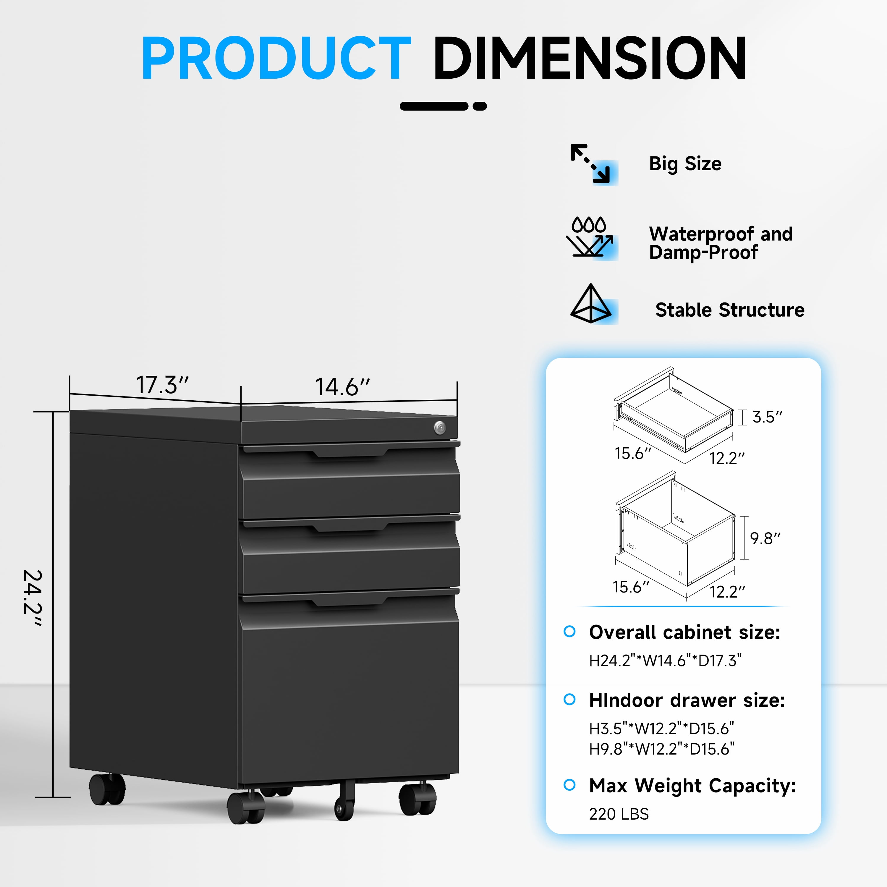 Bestoo 3 Drawer Mobile File Cabinet, Metal Lockable Rolling File Cabinet for Home Office, Fit Letter/Legal/A4 Size (Black)