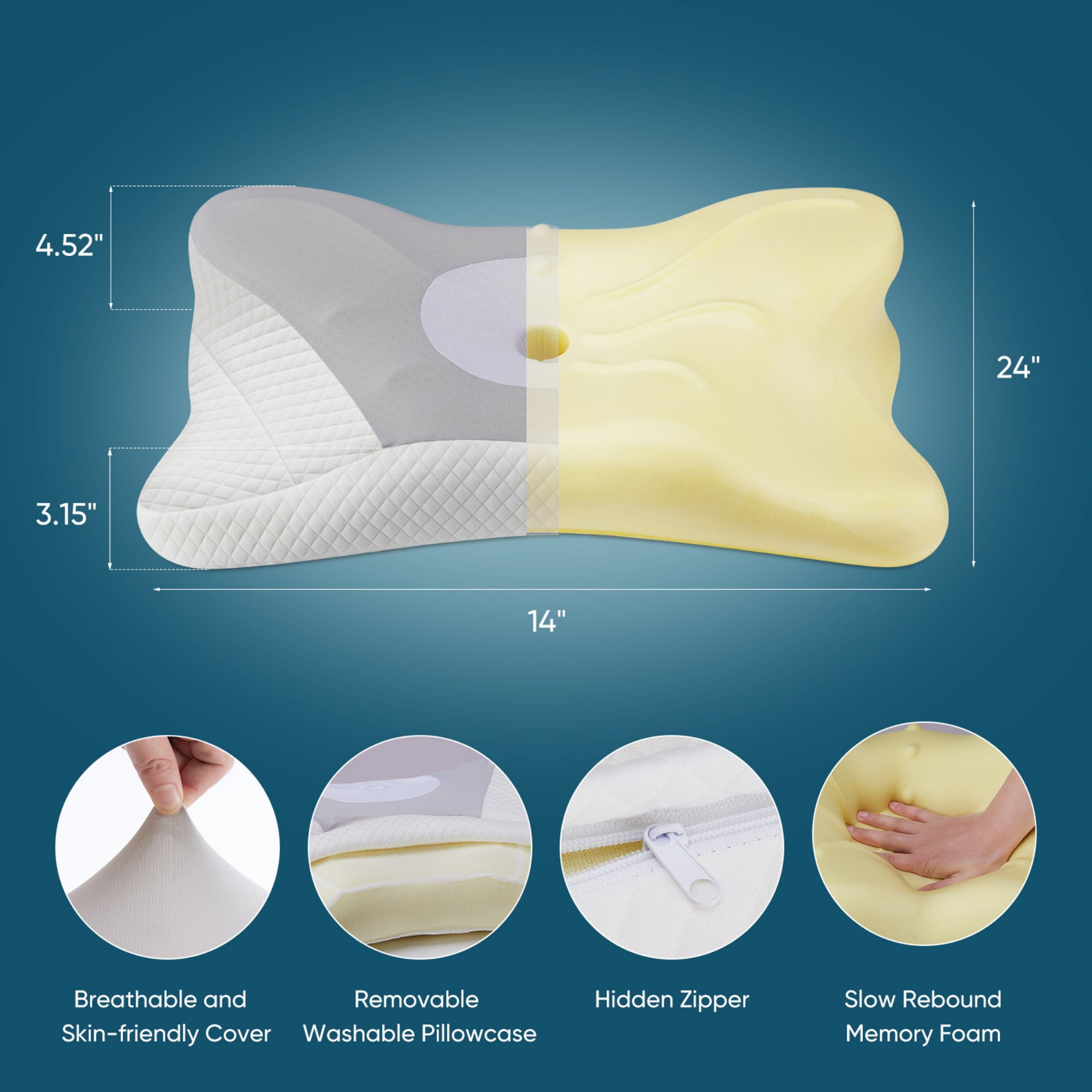edx Queen Size Cervical Contour Pillow Effective Pain Relief Cooling Pillow for Neck Support, Ergonomic Contour Memory Foam Bed Pillow for Side Back Stomach Sleepers, Gray