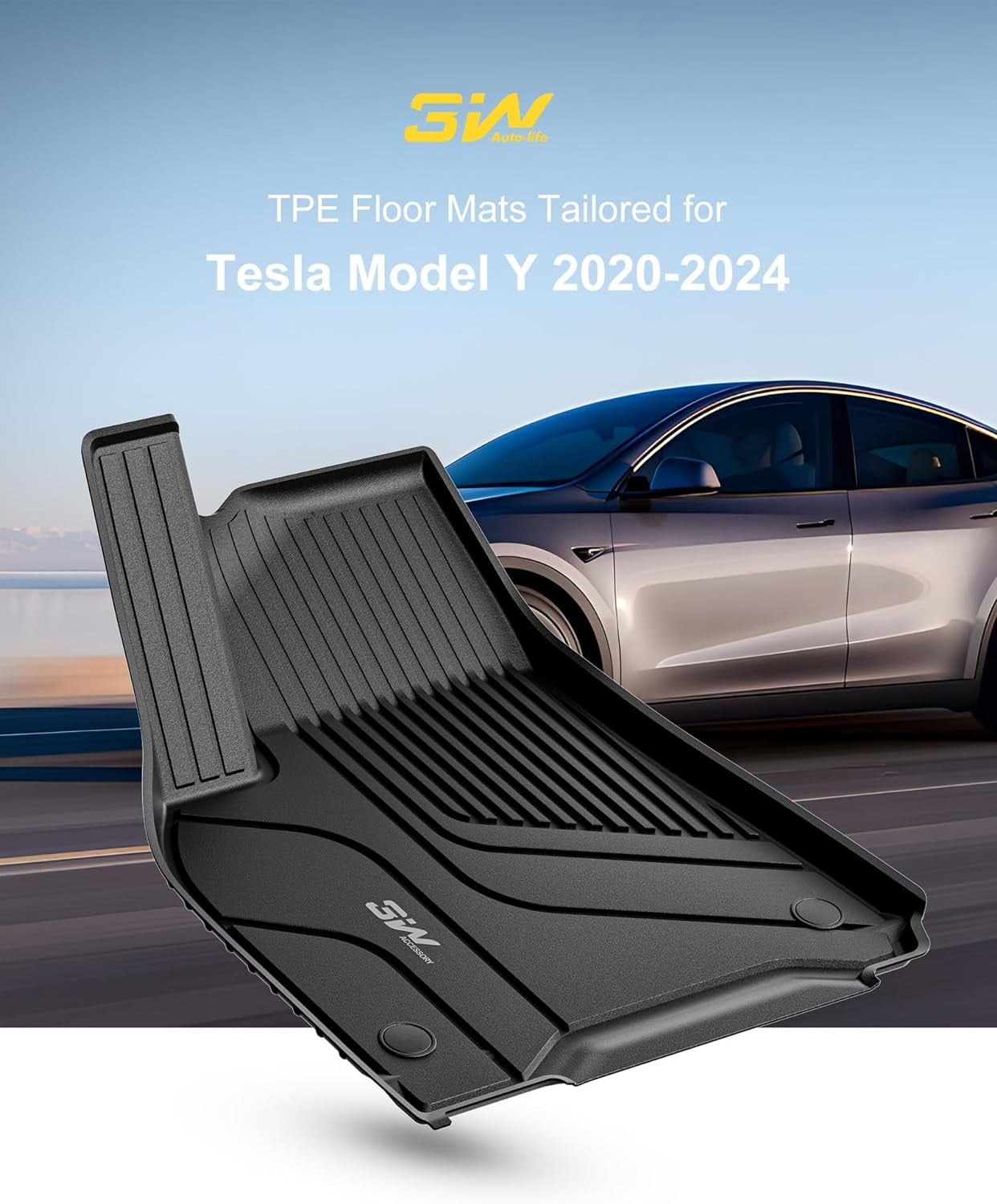 3W Floor Mats for Tesla Model Y 2020-2024, Custom-Fit All Weather Heavy Duty, 6-Piece Black Floor Mats Fits Tesla Model Y