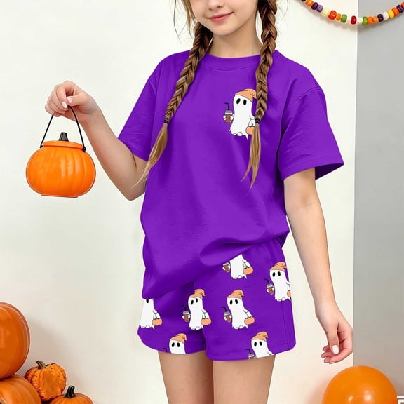 Kids Girls Halloween Outfits Teen Size 13-14 2 Piece Lounge Set Short Sleeve Cute Ghost Graphic T-Shirt and Sleep Shorts Fall Holiday Sleepwear Casual Pajamas Nightwear