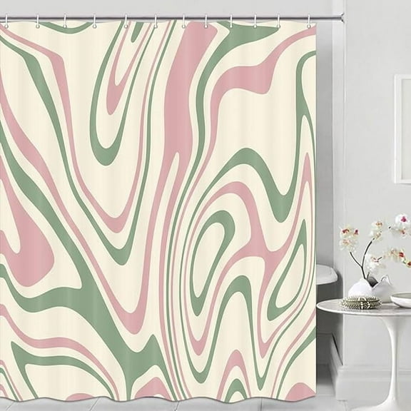 70s Cute Pink Shower Curtain, Boho Green Restroom Curtain, Retro 60s Groovy Abstract Checkered Geometric Vintage Plaid Modern Aesthetic Fancy With 12 Plastic Hooks 48"W x 72"L (Pack of 1)