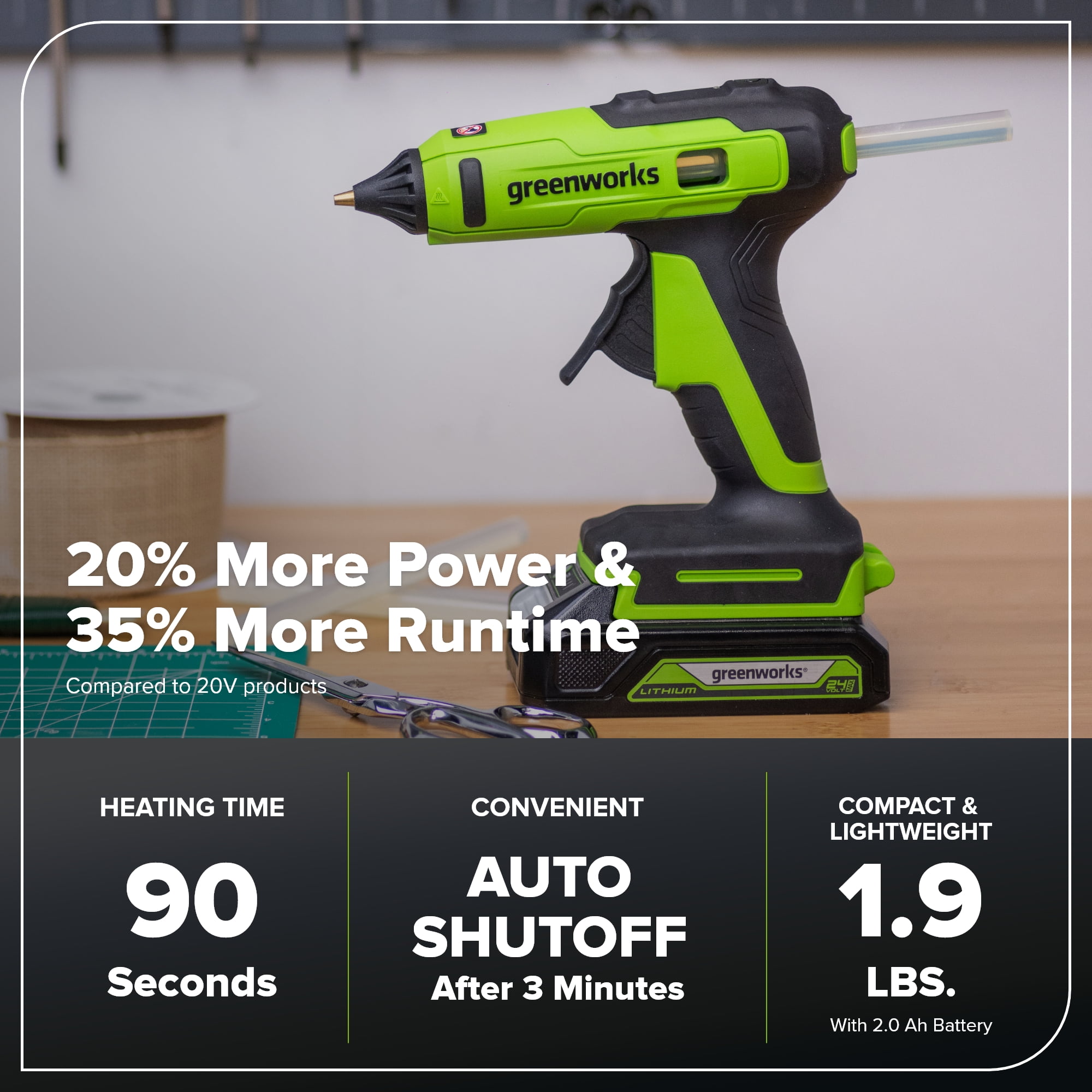 Greenworks 24V Cordless Glue Gun - 1.5min Fast Heating ,LED light, Drip-free nozzle, 100 min Runtime, Auto off for DIY, Arts, Crafts, Home Decoration, , with 2.0Ah Battery & Charger