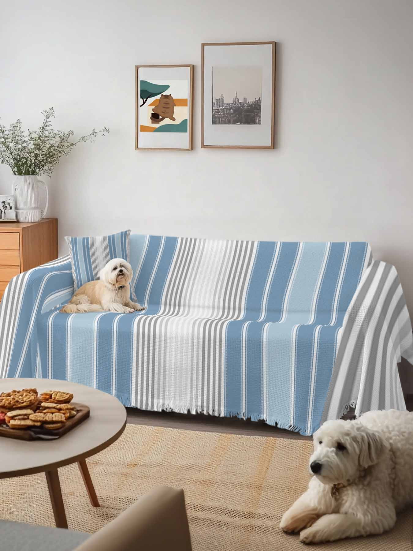Blue Gray Stripes Couch Cover, Contemporary Minimalist Abstract Lines Sofa Cover Blanket for 2 Seat Cushion,Sectional Sofa Slipcover Furniture Protector for Living Room Bedroom 71''x102''