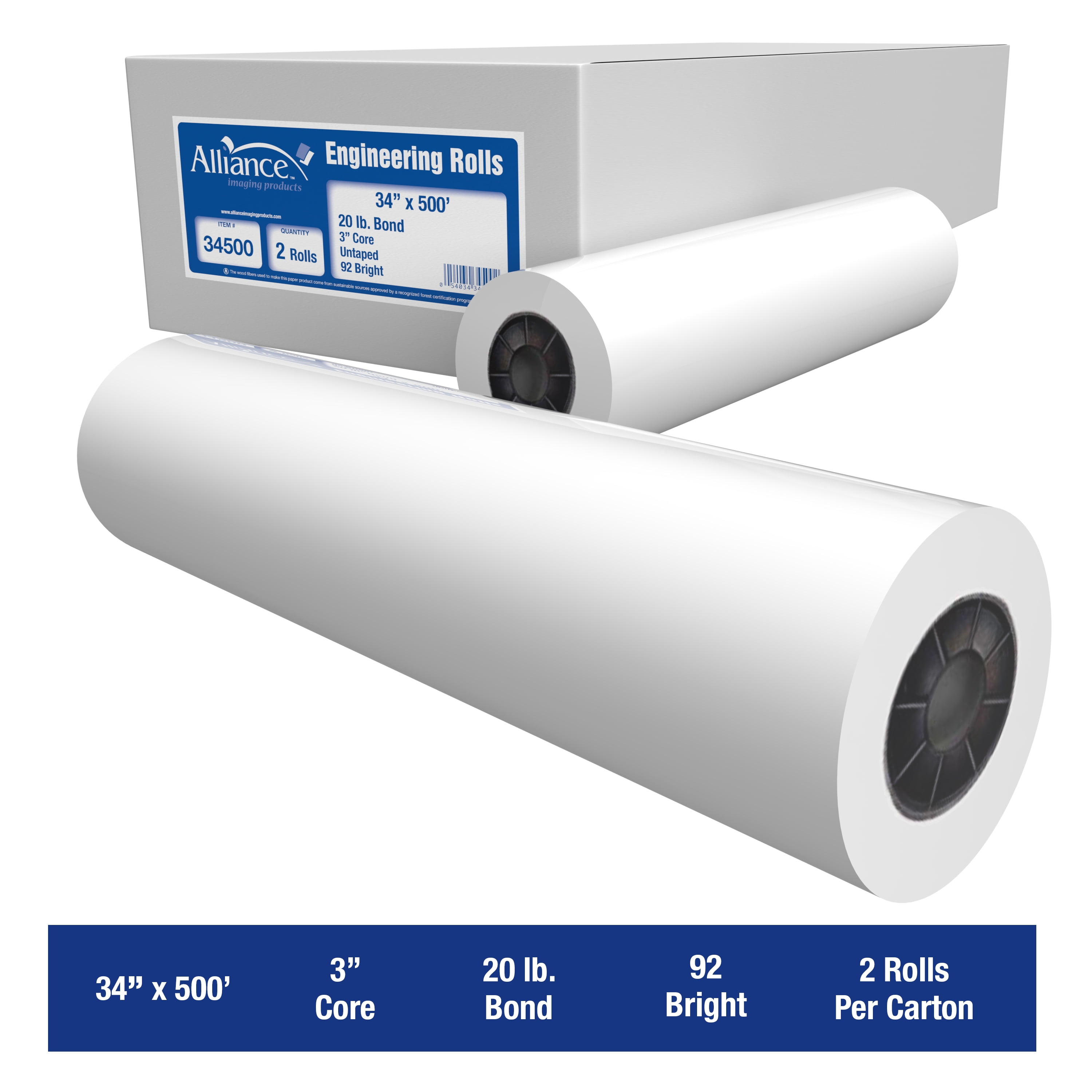 Alliance Wide Format Paper 34" x 500' Bond Engineering 20lb | 92 Bright | 2 Rolls | 3" Core