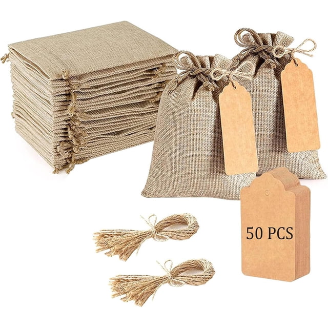 50Pcs Bolsas de Regalo de Arpillera - Bolsas de Arpillera con Cordón, Bolsa de Arpillera para Joyería, Recuerdos, Cumpleaños, Fiestas, Bolsa de Tela para Dulces