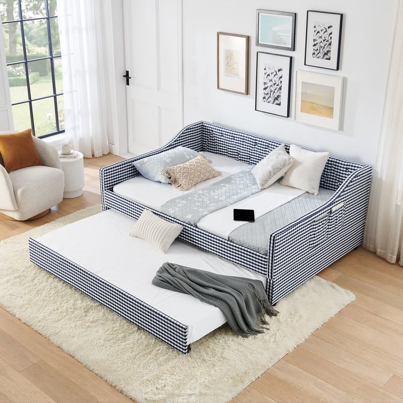 Full Size Daybed with Pop Up Trundle, Gingham Upholstered Daybed Frame with Tufted Button Backrest and Side Storage Pocket, Modern Sofa Bed for Living Room Bedroom