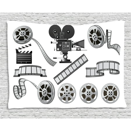 Film Reel Decoration Movie Theater Tapestry, Movie Industry Themed Greyscale Illustration of Projector Film Slate and Reel, Wall Hanging for Bedroom Living Room Dorm Decor, 80W X 60L Inches, Grey Black, by Ambesonne ()