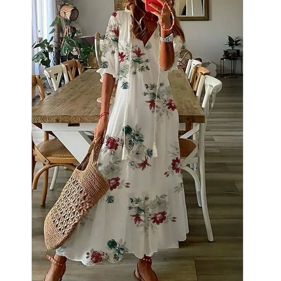 Zorckvet Summer Dresses for Women A Line Plus Size Printed Short Sleeve Trendy Womens Dress V Neck