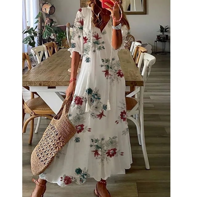 EQWLJWE Robe pour Femmes Liquidation Mode Robe Décontractée pour Femmes Printemps et Été Col en V Manches Trois-Quarts Robe Imprimée Robes pour Femmes Grande Taille