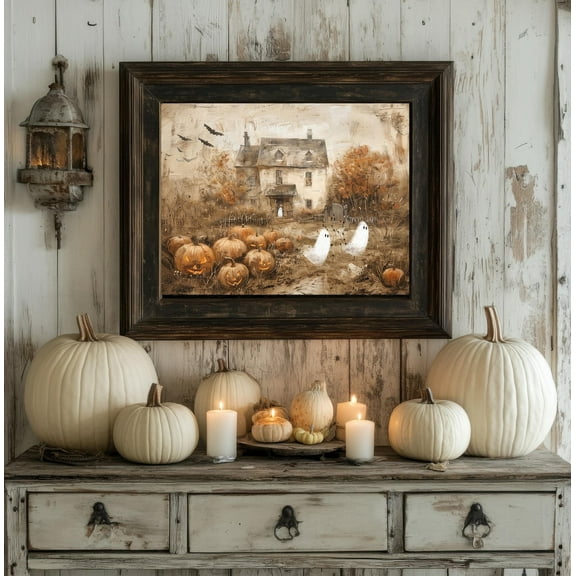 Cute Ghosts Poster Spooky Pumpkin Patch Canvas Print Painting Wall Art for Haunted Halloween Farmhouse Country Cottage Fall Home Decor Unframed