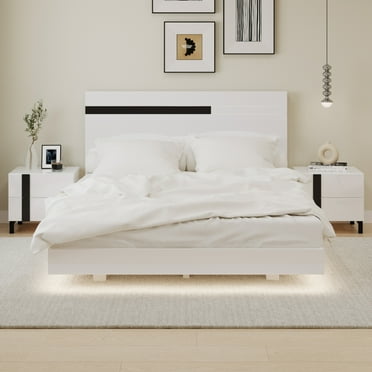 Modern 3 PCS Bedroom Set, Queen Size Platform Bed with LED Light & 2 Nightstands, White