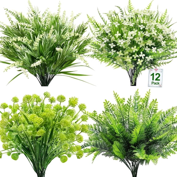 12 Bundles 4 Styles Fake Plants Artificial Plants Outdoor, UV Resistant No Fade Fake Flowers Outdoor Faux Plants Boston Fern Lavender Plastic Greenery Shrubs for Outside Gardens Home Porch