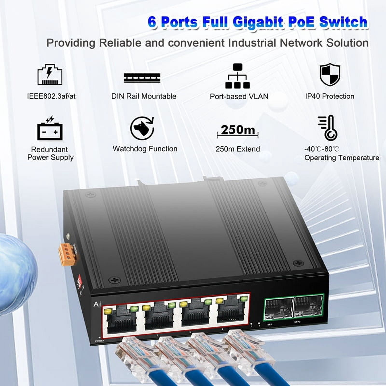Industrial POE Switch Gigabit Switch Ethernet with 6x100/1000mbps Port Base-T Din IP40 Network Switch DC44-55V