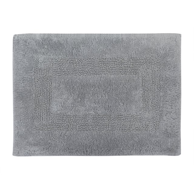 Charcoal gray 100% cotton bath rug measuring 17 by 24 inches with a textured racetrack design.