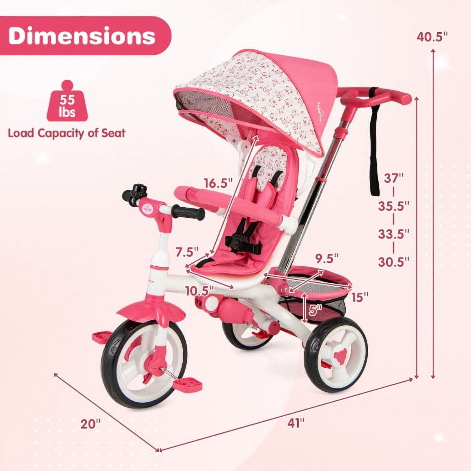 Resenkos 5-in-1 Detachable Baby Stroller Tricycle with Round Canopy-Pink, Infant Stroller for Infant & Toddler