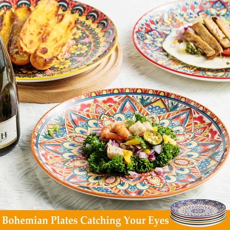 Dinner Plates set of 6, 10.5 Inch Large Dessert Salad Plates for Pasta, Steak, Snacks, Colorful Porcelain Serving Dishes for Kitchen & Party, Morden Dinnerware - Bohemian Style