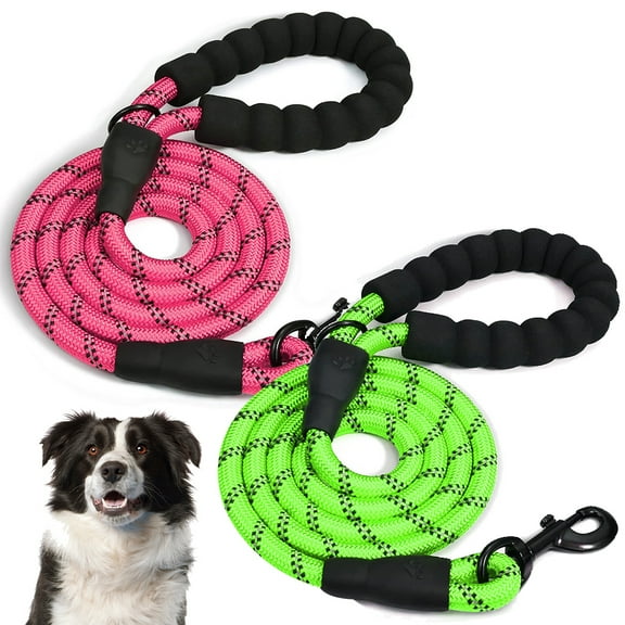 2 Pack Dog Leash, 5 FT Heavy Duty Rope Leash with Soft Padded Handle - Highly Reflective Threads for Medium Large Dog Training Walking & Traffic Control Safety (Pink Green)