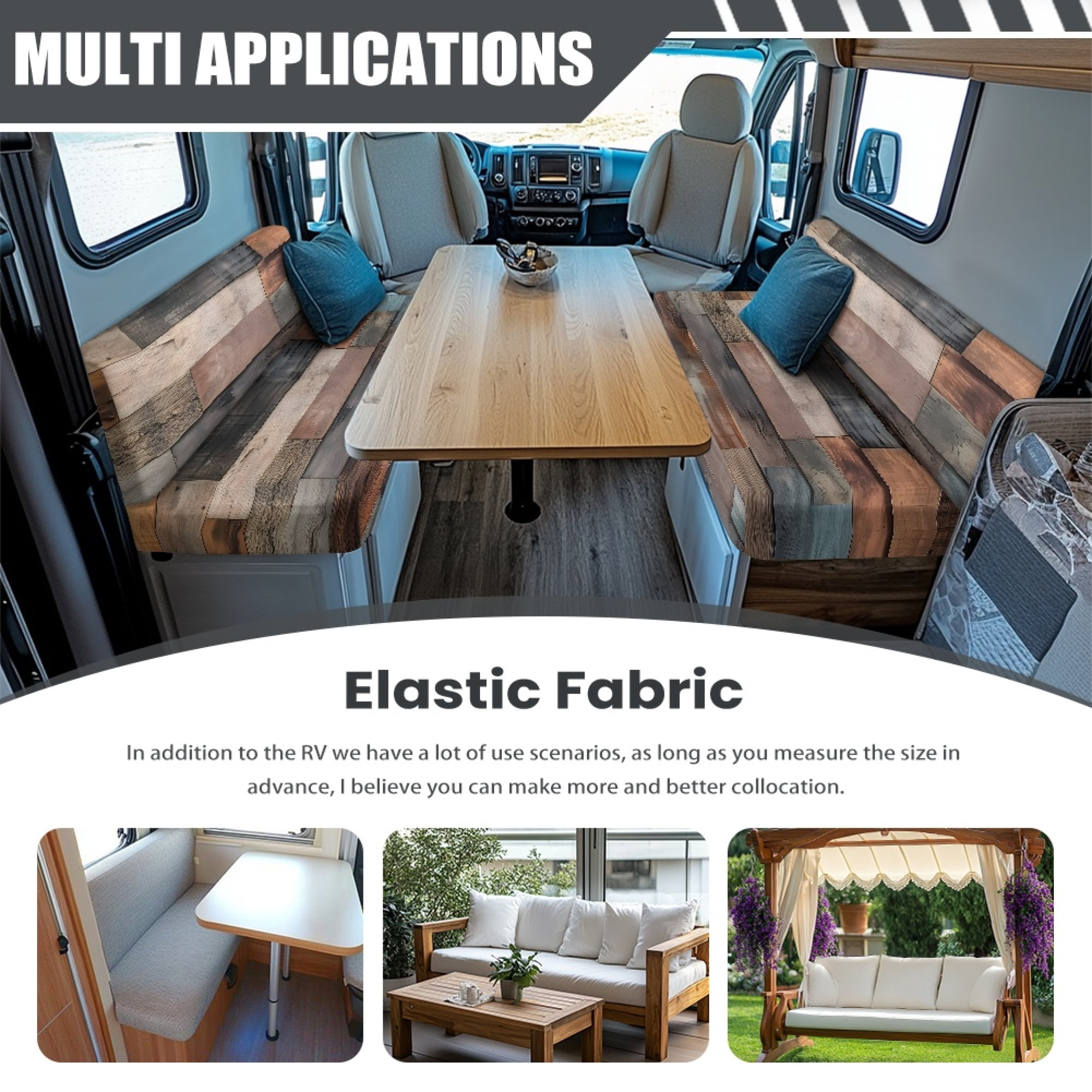 FOR U DESIGNS Wood Pattern 2 Pcs RV Dinette Cushion Covers Anti-Slip Camper Cushion Slipcover Stretch 2 Seat Sofa Chair Cover 1 Backrest Covers and 1 Bench Covers