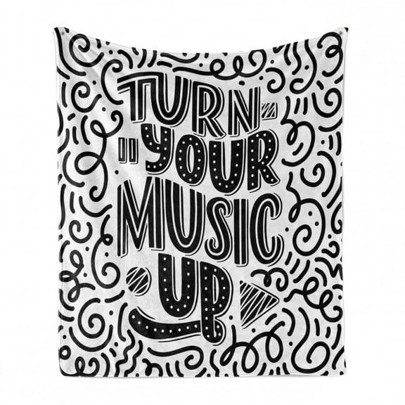 Rock and Roll Soft Flannel Fleece Throw Blanket, Turn Your Music Vintage Lettering with Curls and Strokes, Cozy Plush for Indoor and Outdoor Use, 70" x 90", Charcoal Grey and White, by Ambesonne