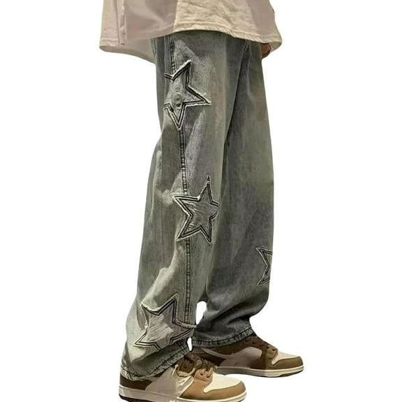 Low Waist Baggy Cargo Pants for Women Star Patterns Long Straight-Leg Harajuku Grunge Aesthetic Jeans with Pockets