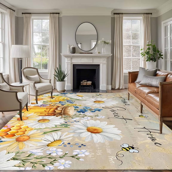 8'x10' Area Rugs, Daisy Spring Floral Indoor Outdoor Area Rug for Living Room Bedroom, Farmhouse Botanical Bees Elegant Washable Bathroom Rugs Kitchen Floor Carpet Mats Home Decor Aesthetic