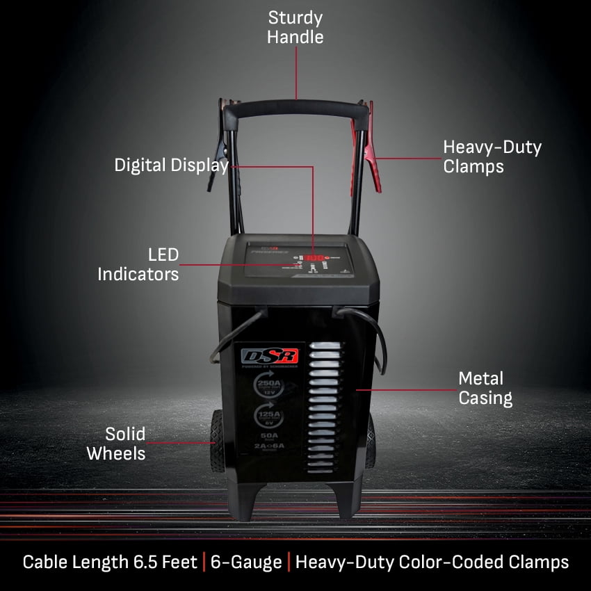 Schumacher Electric DSR Pro Wheeled Automatic Heavy-Duty 6A Car Battery Charger & 250A Engine Starter, For 6/12V Automotive & Marine Batteries, DSR161