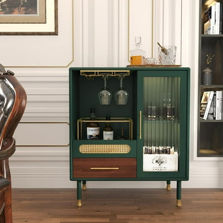 Modern Coffee Bar Cabinet with Pull-Out Wine Storage Green | Bar Cart with Wine Glass Rack and Drawers Liquor Cabinet for Kitchen Dining Room Living Room