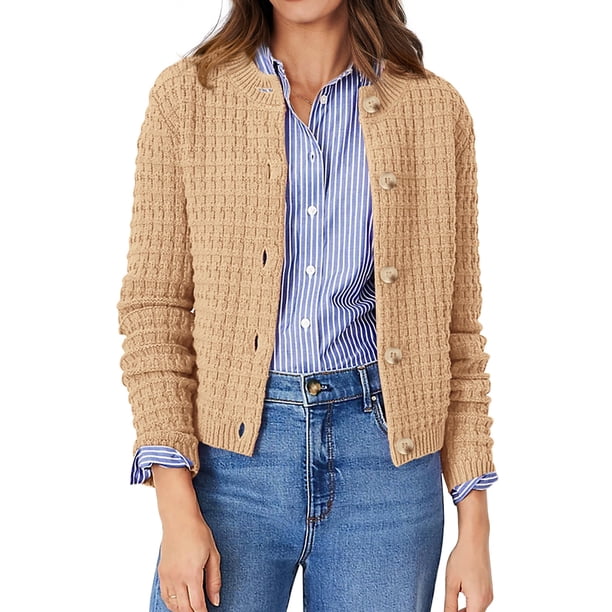 Suéter PRETTYGARDEN Cardigan de Botones Manga Larga Color Caqui Talle M