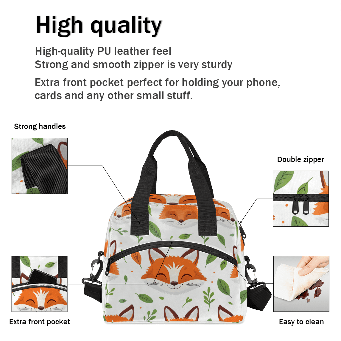 Herdesigns Fox Insulated Lunch Bag for Women Men Adults Large Reusable Lunch Box Cute Fox Wildlife Leakproof Cooler Tote Bags with Adjustable Shoulder Strap