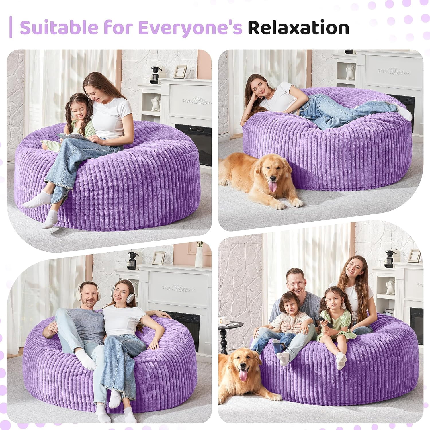 3FT Bean Bag Chair, 3' Large Bean Bag Chairs for Adults with Stripe Plush Cover, Memory Foam Beanbag Chair for Living Room Bedroom Dorm，Grey