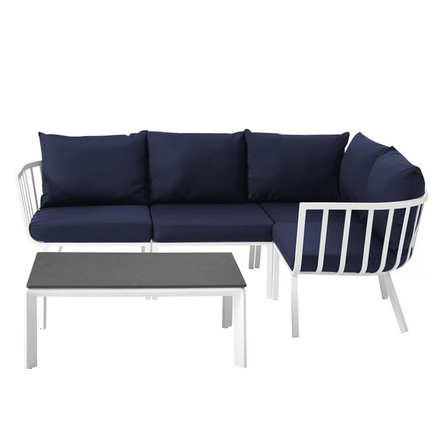 Lounge Sectional Sofa Chair Set, Aluminum, Metal, Steel, White Blue Navy, Modern Contemporary Urban Design, Outdoor Patio Balcony Cafe Bistro Garden Furniture Hotel Hospitality
