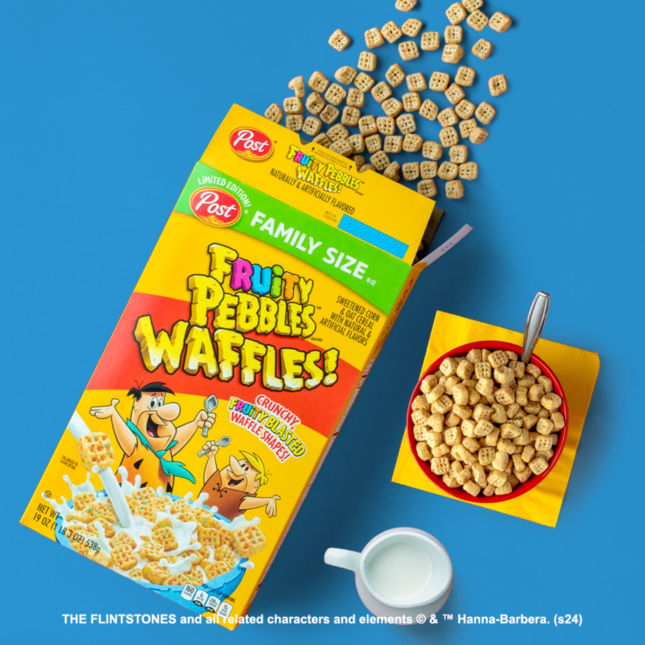 Post Fruity PEBBLES Waffles Cereal, Fruity Cereal, Crunchy, 19 oz Box