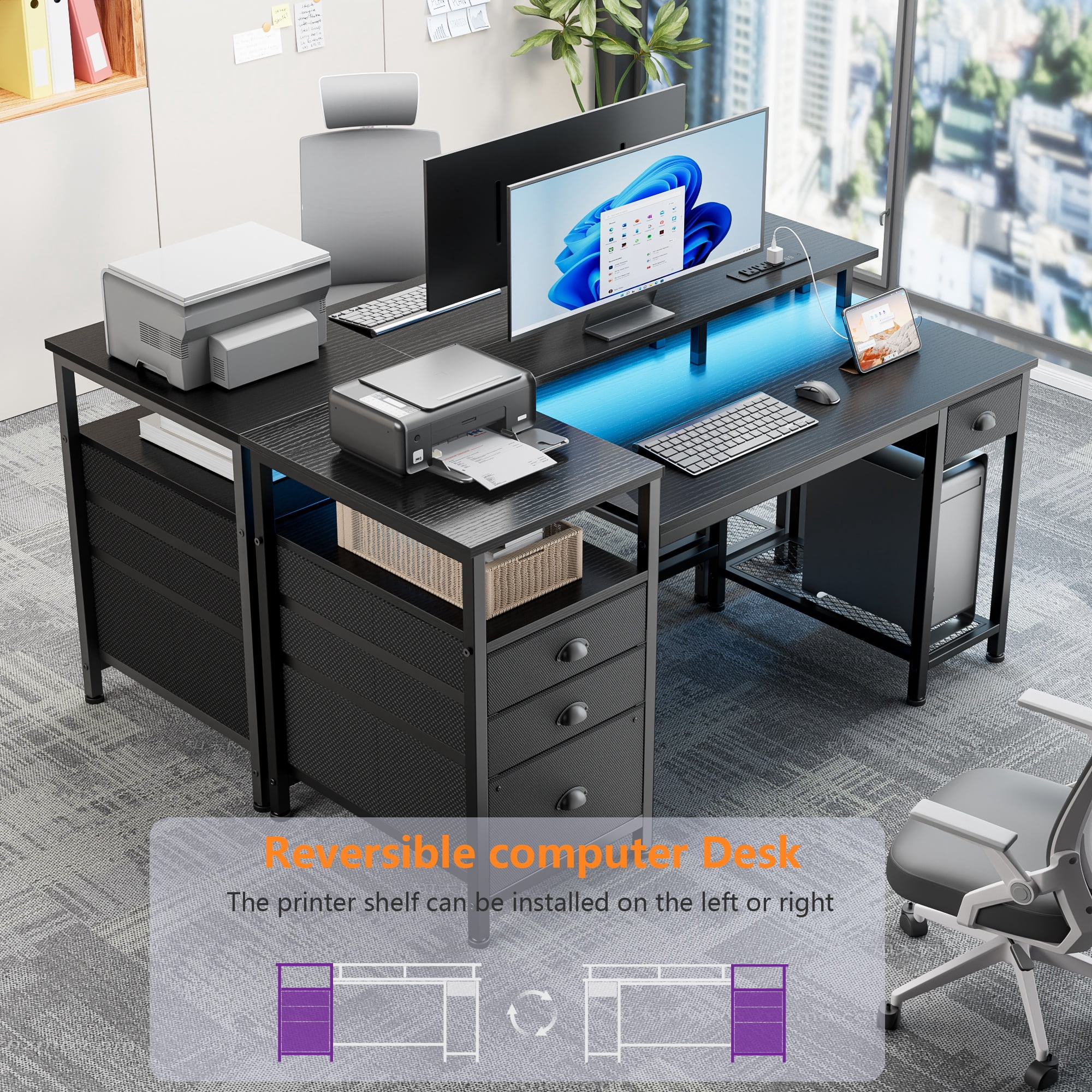 Satifur 51 Inch Black Computer Desk with Ergonomic Monitor Platform, Home Office Gaming Desk with CPU Grid Storage Rack, RGB LED Lights & Power Outlet