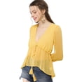 thumbnail image 4 of Top Allegra K de gasa transparente con mangas largas y cuello en V profundo Amarillo L, 4 of 6