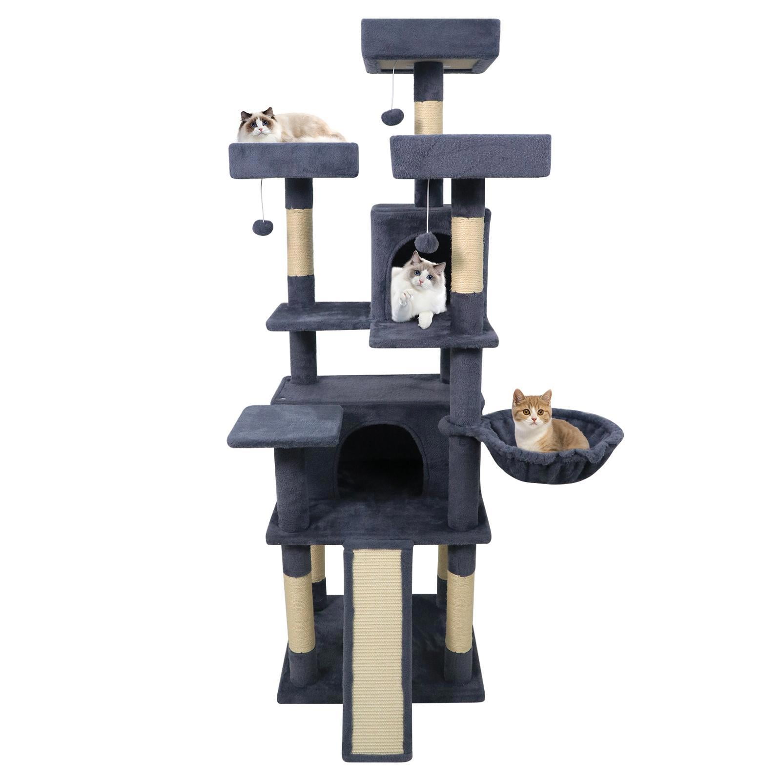 YYAo 65 Inch Tall Multi-level Cat Tower with 3 Upholstered Perch and 2 Cat Condos, Cat Tree for Indoor Cats, Cat Tree for Indoor Cats, Dark Gray
