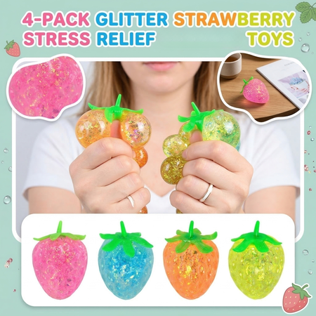 4-Pack Glitter Strawberry Squeeze Toys Water Bead Filled Fruit Sensory Fidgets Colorful Tactile Hand Tools for Strengthening and Hand Relief Multicolor