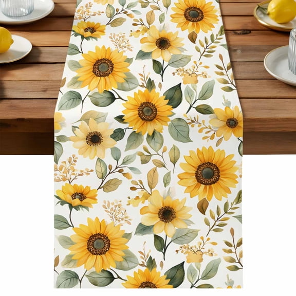 Farmhouse Rustic Table Runner, Sunflower Floral Leaf Cotton Linen Table Cloth, Tablerunner for Kitchen Dining Party Wedding Home Decor 13x36 Inch