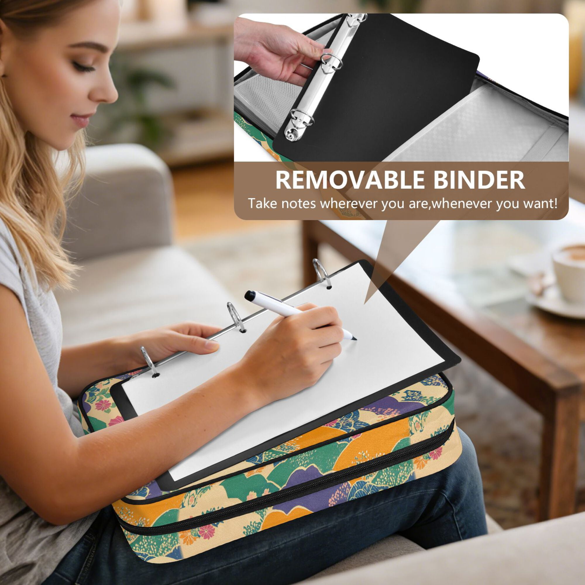 FORMRS Accordion File Folder A4 Size 7-Pocket Expanding Document Organizer Bag with 3 Ring Binder, Beige Floral Wave