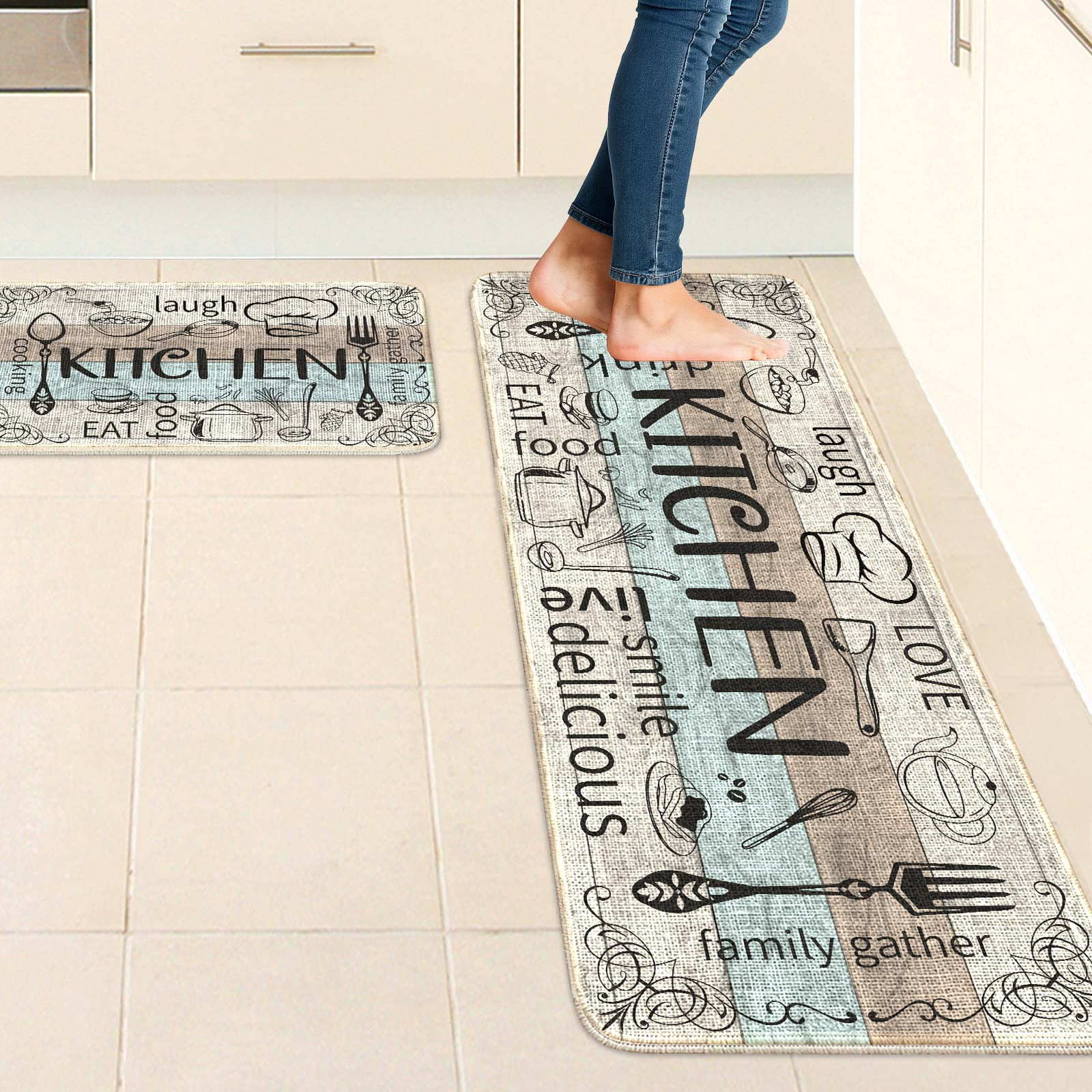 Beige Farmhouse Chef Kitchen Rugs and Mats Set of 2, 17"x47"+17"x30" Non-Slip Machine Washable Runner Rugs for Kitchen Floor, Soft Kitchen Mat Set for Home,Laundry Room,Chef Pattern